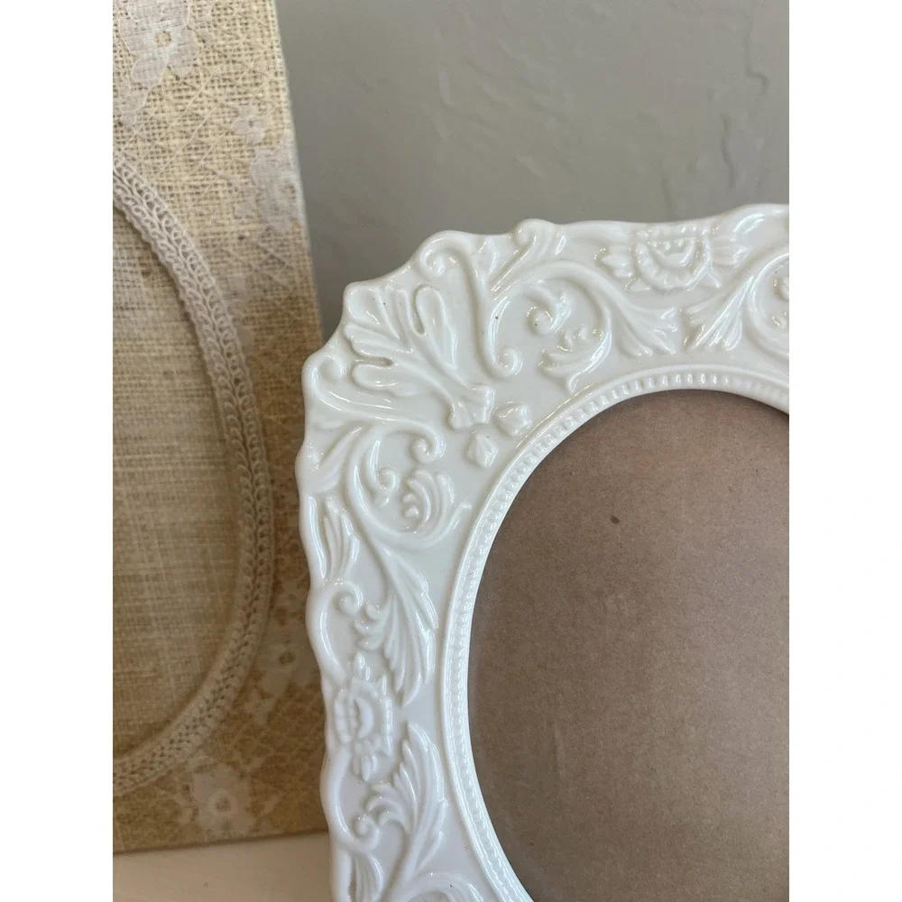 Victorian Shabby Romantic Photo Picture Frame Set Burlap Lace Lenox Porcelain
